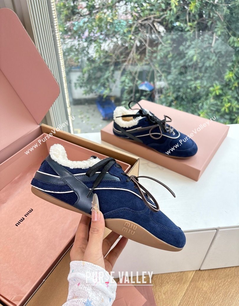 Miu Miu Gymnasium Sneakers in Suede and Wool Navy Blue 2025 G086 (MD-251208060)