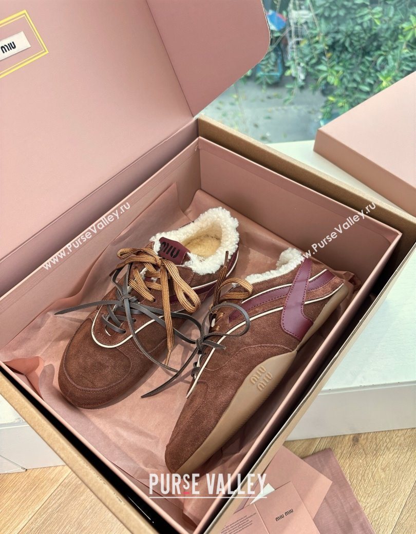 Miu Miu Gymnasium Sneakers in Suede and Wool Dark Brown 2025 G086 (MD-251208061)