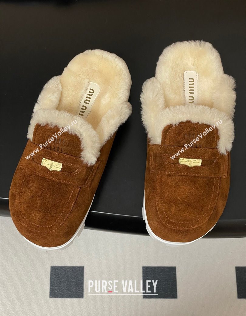 Miu Miu Coin Suede and Wool Mules Cocoa Brown 2025 5D058E (MD-251208020)