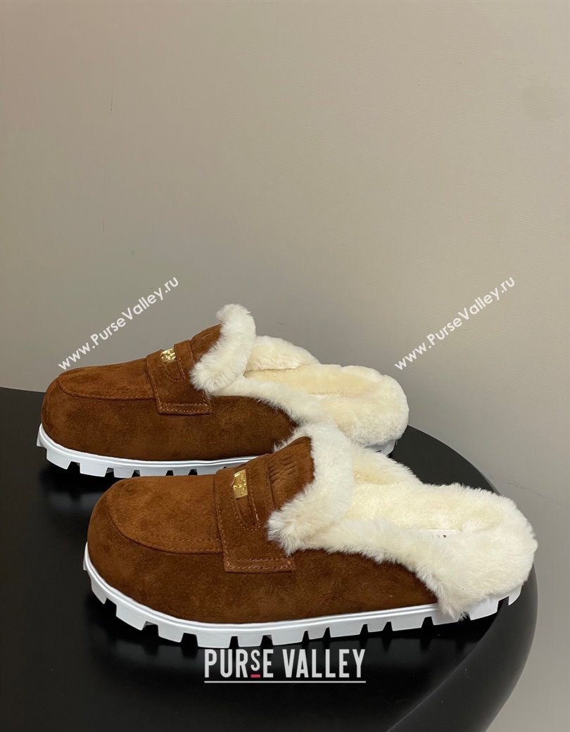 Miu Miu Coin Suede and Wool Mules Cocoa Brown 2025 5D058E (MD-251208020)