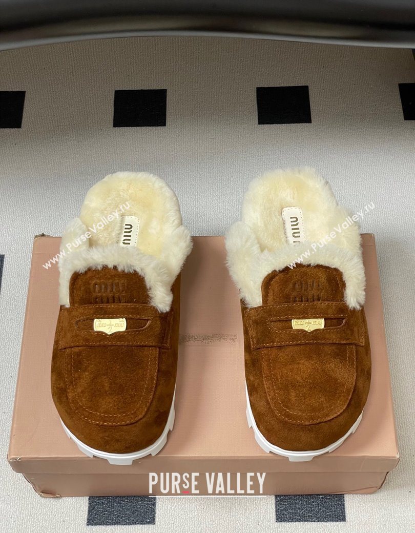 Miu Miu Coin Suede and Wool Mules Cocoa Brown 2025 5D058E (MD-251208020)