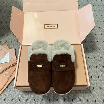 Miu Miu Coin Suede and Wool Mules Dark Brown 2025 5D058E (KL-251208021)
