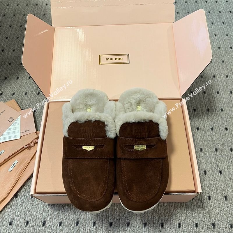 Miu Miu Coin Suede and Wool Mules Dark Brown 2025 5D058E (KL-251208021)