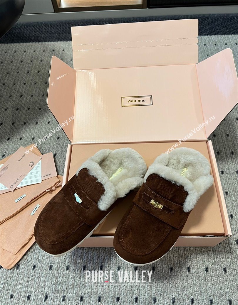Miu Miu Coin Suede and Wool Mules Dark Brown 2025 5D058E (KL-251208021)