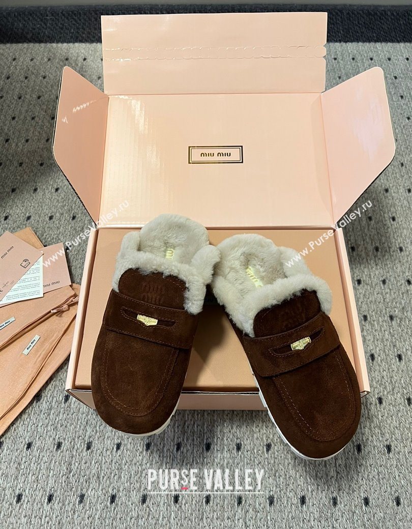 Miu Miu Coin Suede and Wool Mules Dark Brown 2025 5D058E (KL-251208021)