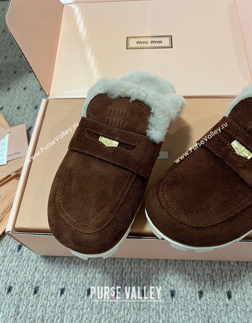 Miu Miu Coin Suede and Wool Mules Dark Brown 2025 5D058E (KL-251208021)