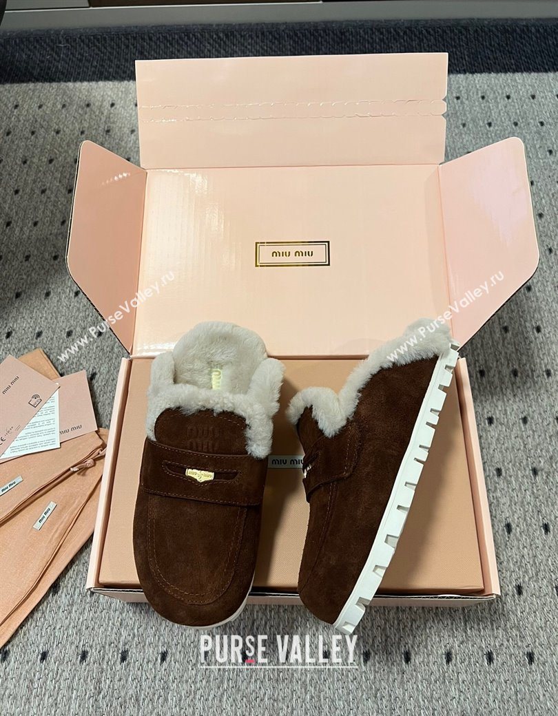 Miu Miu Coin Suede and Wool Mules Dark Brown 2025 5D058E (KL-251208021)