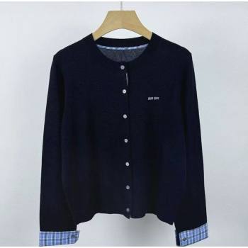 Miu Miu Wool Cardigan with Blud Plaid Trim Royal Blue 2025 MM122523 (QI-251225053)