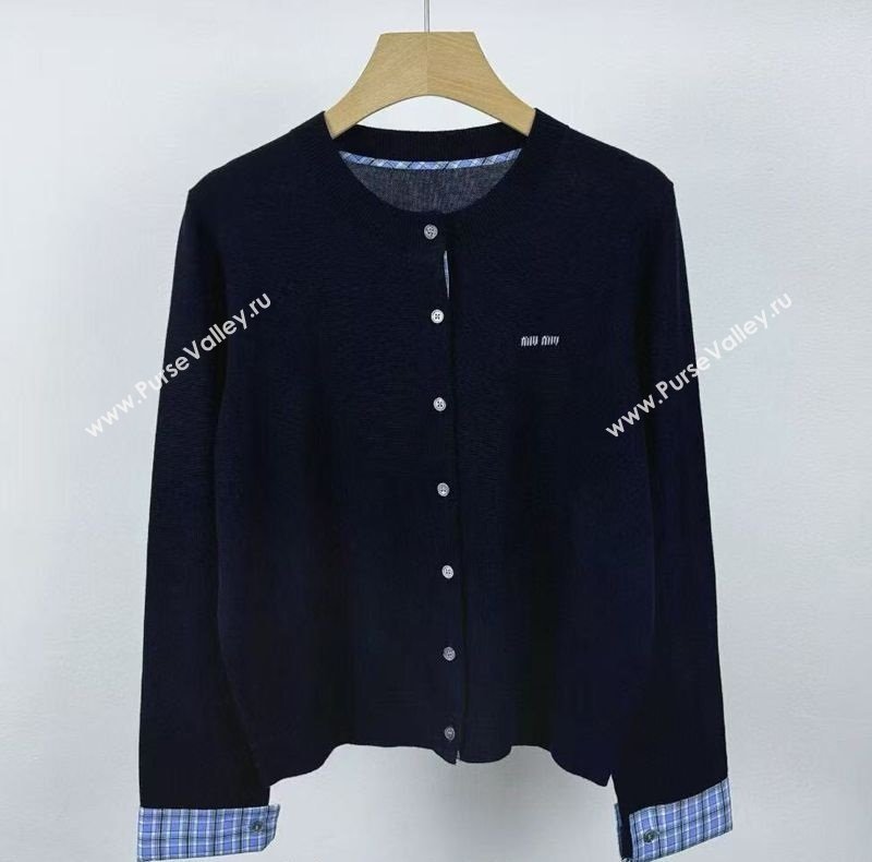 Miu Miu Wool Cardigan with Blud Plaid Trim Royal Blue 2025 MM122523 (QI-251225053)