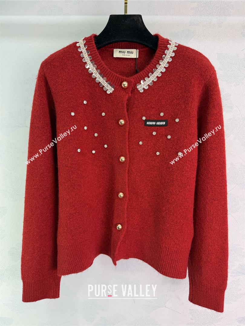 Miu Miu Wool Cardigan with Strass and Cardigan Red 2025 MM122529 (QI-251225062)