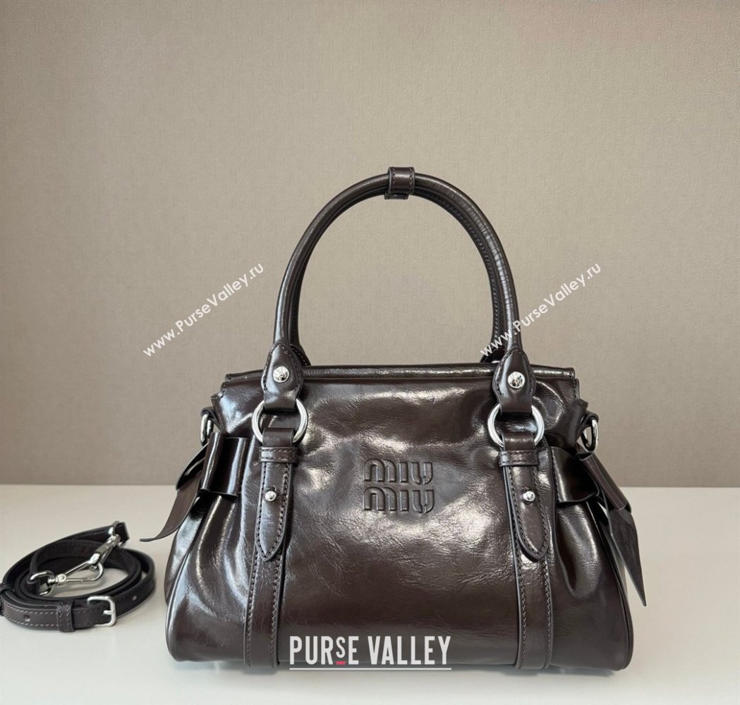 Miu Miu Ribbon Shiny Leather Top Handle Bag Dark Brown 2026 5BA327 (nana-260120037)
