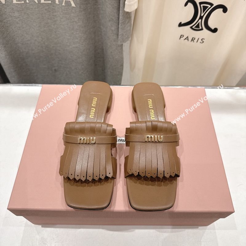 Miu Miu Fringe Leather Flat Slides Sandal Brown 2026 MM022703 (MD-260227078)