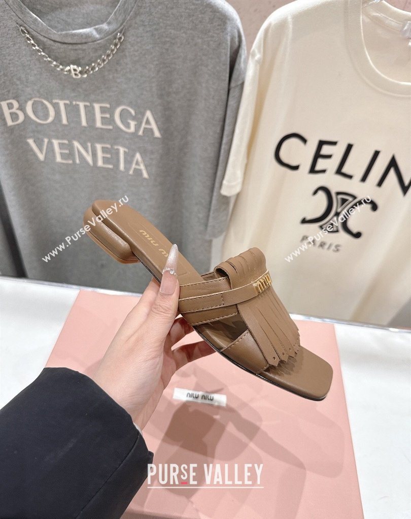 Miu Miu Fringe Leather Flat Slides Sandal Brown 2026 MM022703 (MD-260227078)