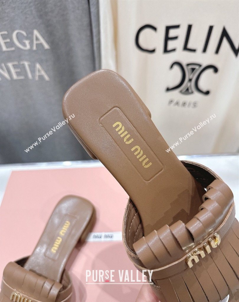 Miu Miu Fringe Leather Flat Slides Sandal Brown 2026 MM022703 (MD-260227078)