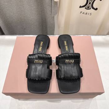 Miu Miu Fringe Leather Flat Slides Sandal Black 2026 MM022703 (MD-260227081)