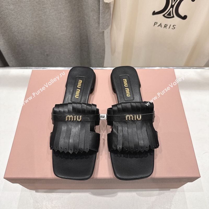 Miu Miu Fringe Leather Flat Slides Sandal Black 2026 MM022703 (MD-260227081)