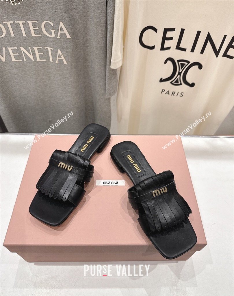 Miu Miu Fringe Leather Flat Slides Sandal Black 2026 MM022703 (MD-260227081)