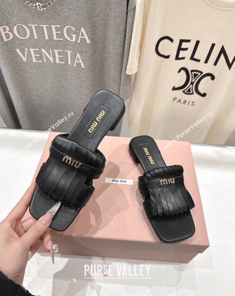 Miu Miu Fringe Leather Flat Slides Sandal Black 2026 MM022703 (MD-260227081)