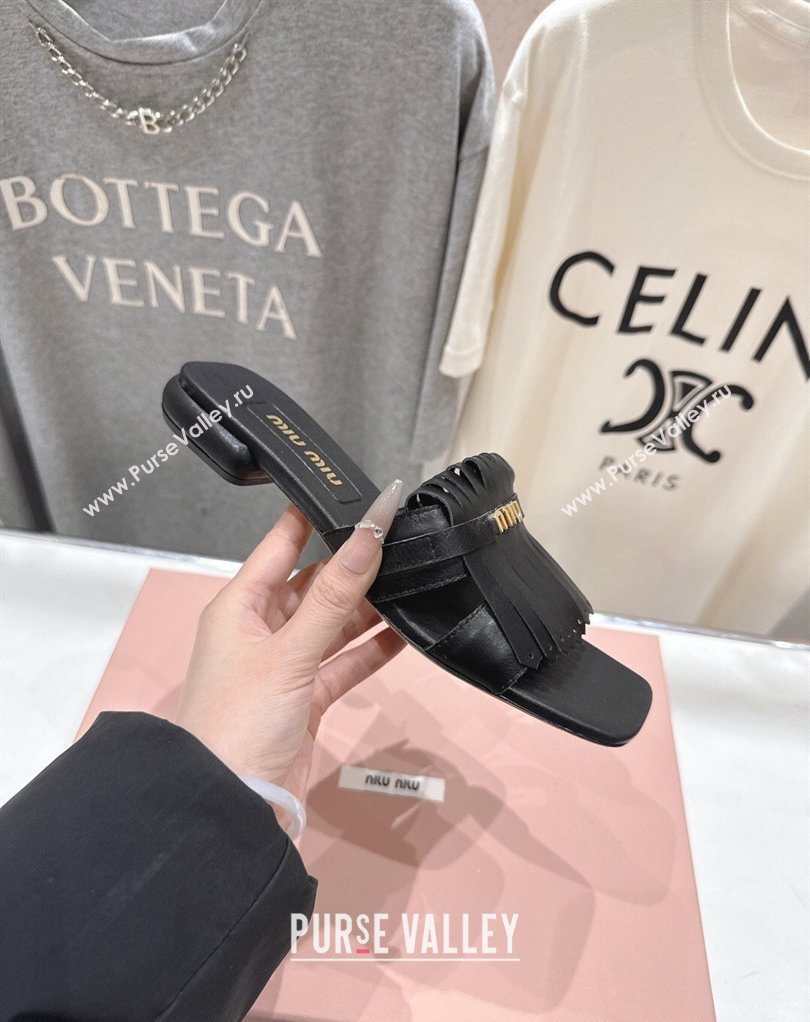 Miu Miu Fringe Leather Flat Slides Sandal Black 2026 MM022703 (MD-260227081)