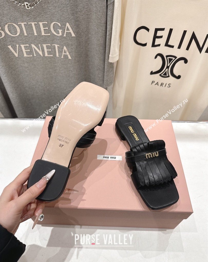 Miu Miu Fringe Leather Flat Slides Sandal Black 2026 MM022703 (MD-260227081)