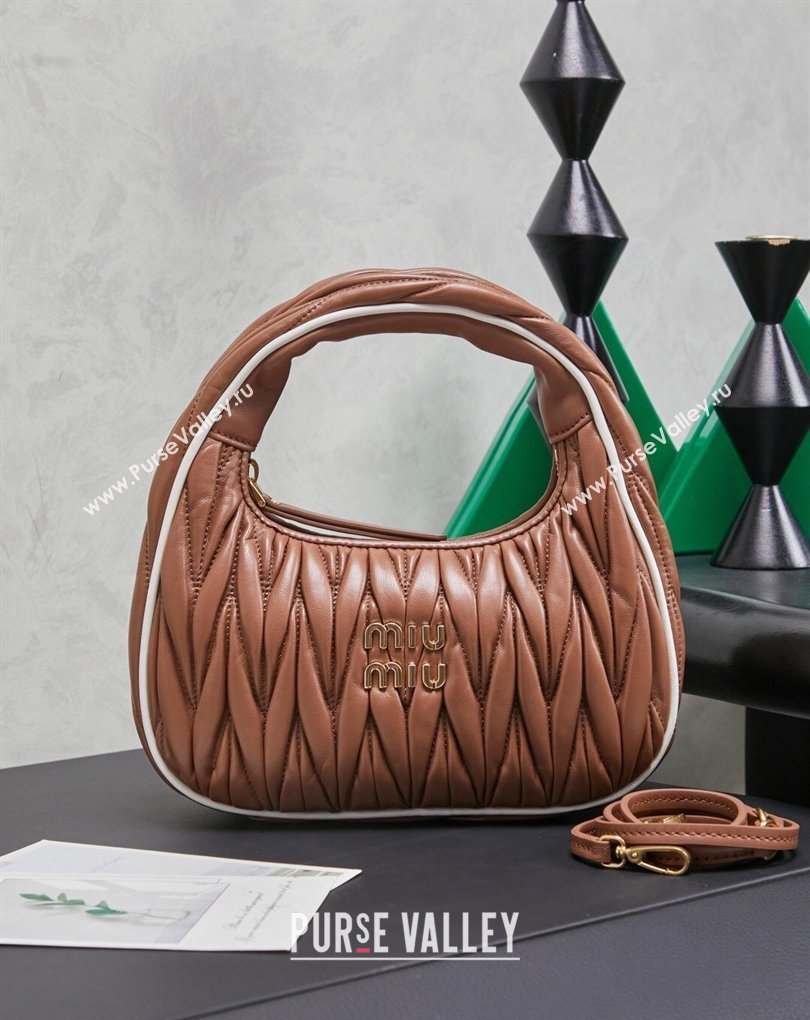 Miu Miu Wander Matelasse Nappa Leather Hobo Mini bag with Contrasting Trim 5BC125 Brown 2026 (MHUI-260407027)