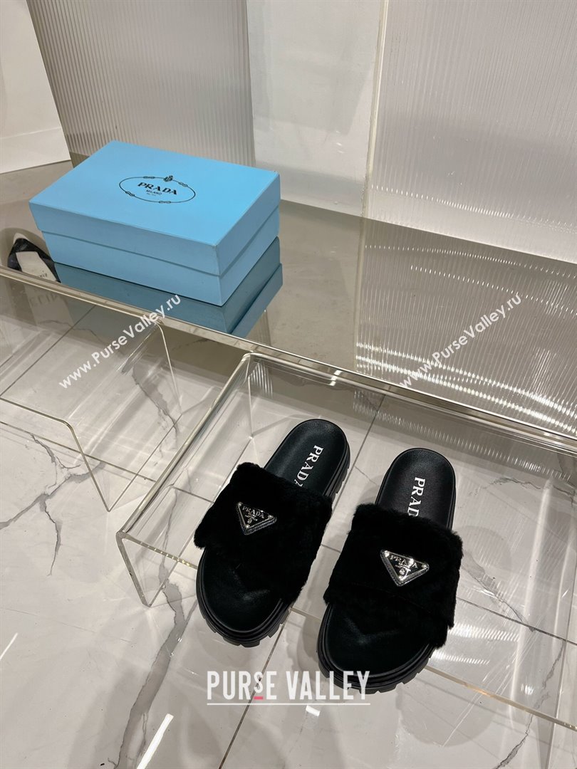 Prada Wool Flat Slide Sandals with Logo Black 2023 PR09112 (ZN-230911103)
