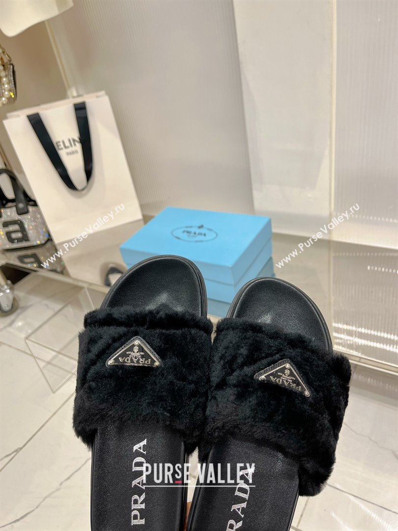 Prada Wool Flat Slide Sandals with Logo Black 2023 PR09112 (ZN-230911103)