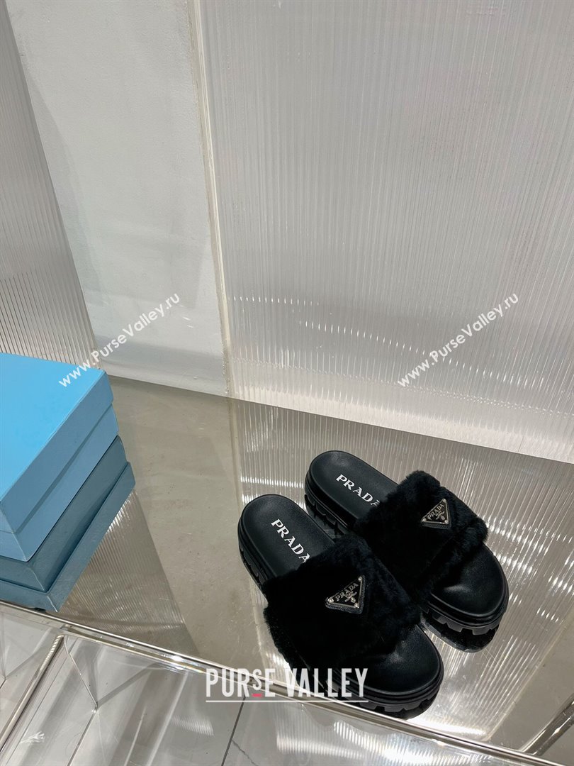 Prada Wool Flat Slide Sandals with Logo Black 2023 PR09112 (ZN-230911103)