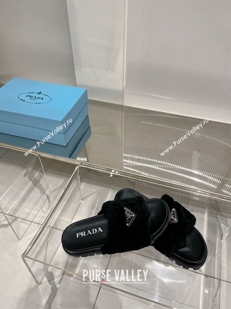 Prada Wool Flat Slide Sandals with Logo Black 2023 PR09112 (ZN-230911103)