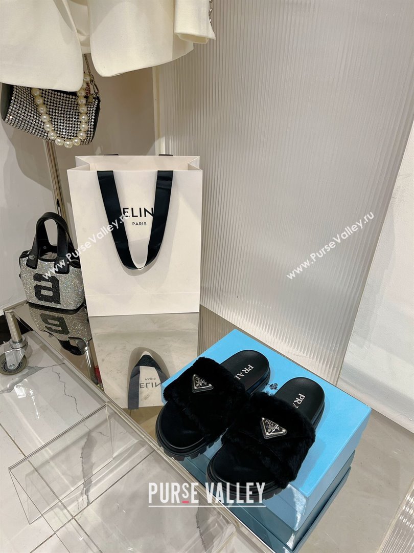 Prada Wool Flat Slide Sandals with Logo Black 2023 PR09112 (ZN-230911103)