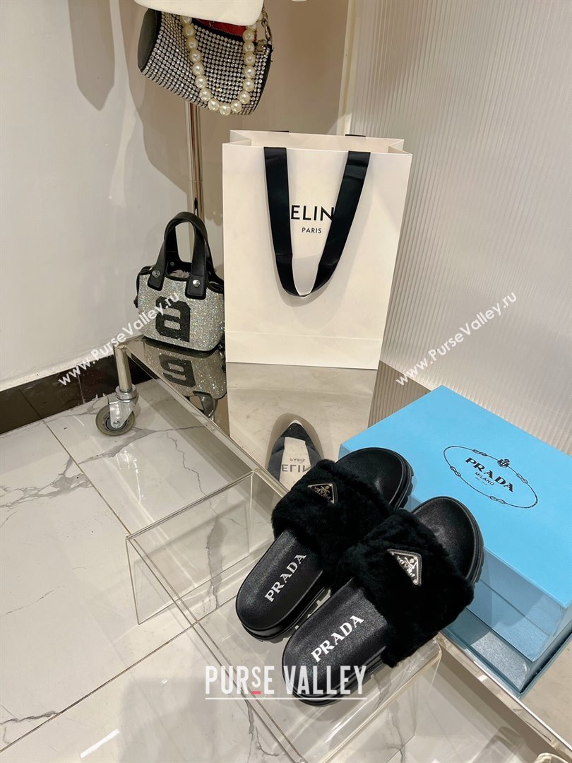 Prada Wool Flat Slide Sandals with Logo Black 2023 PR09112 (ZN-230911103)