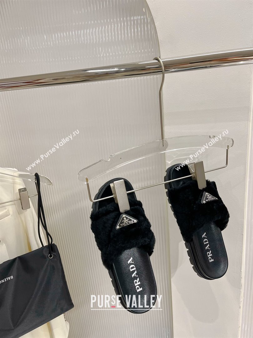 Prada Wool Flat Slide Sandals with Logo Black 2023 PR09112 (ZN-230911103)