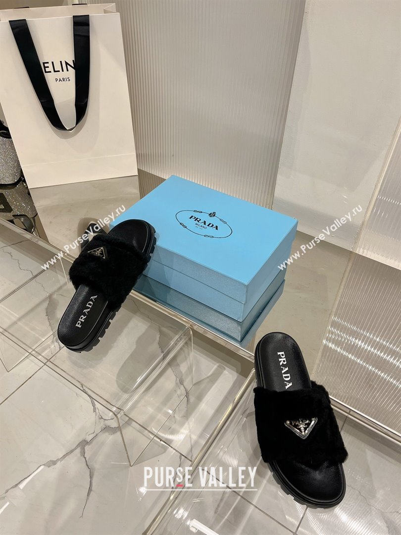 Prada Wool Flat Slide Sandals with Logo Black 2023 PR09112 (ZN-230911103)