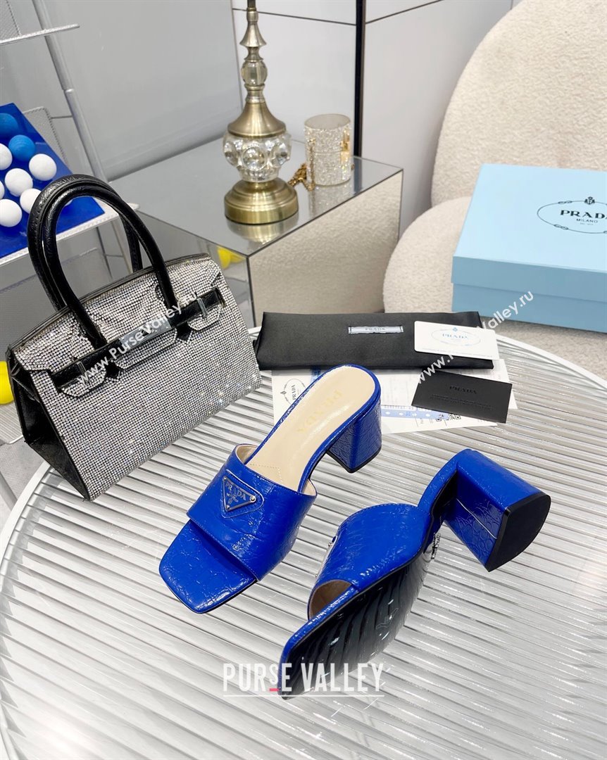 Prada Embossed Leather Heel Slide Sandals Blue 2023 PR10131 (MD-231013058)