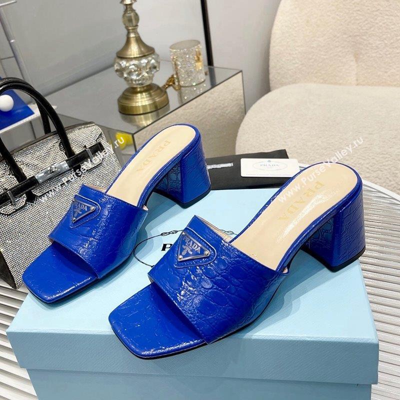 Prada Embossed Leather Heel Slide Sandals Blue 2023 PR10131 (MD-231013058)