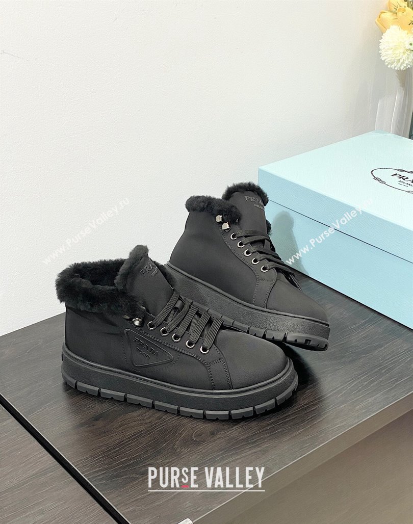 Prada Nylon and Wool Lace-up Ankle Boots Black 2023 1T490M (MD-231106003)