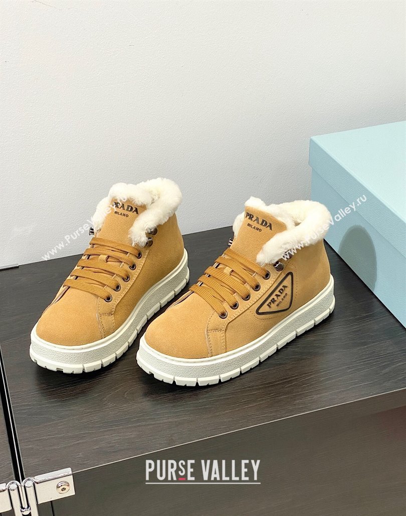 Prada Suede and Wool Lace-up Ankle Boots Light Brown 2023 1T490M (MD-231106004)