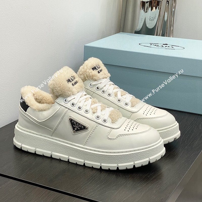 Prada Leather and Shearling Sneakers White 2023 1E947M (MD-231106007)