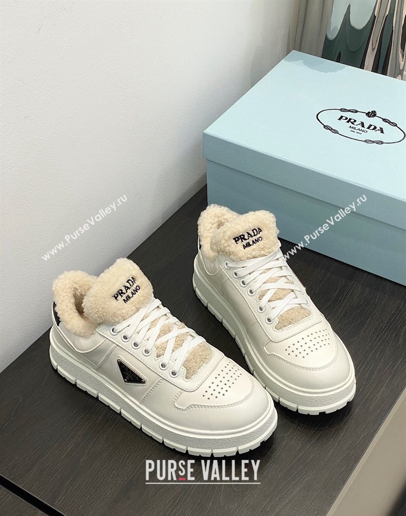 Prada Leather and Shearling Sneakers White 2023 1E947M (MD-231106007)