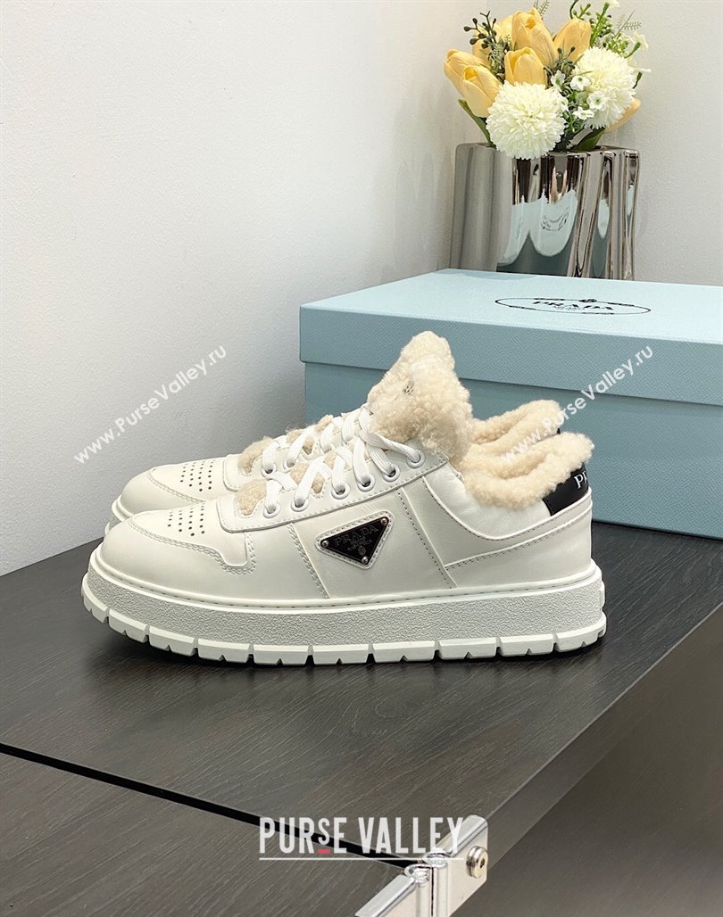 Prada Leather and Shearling Sneakers White 2023 1E947M (MD-231106007)