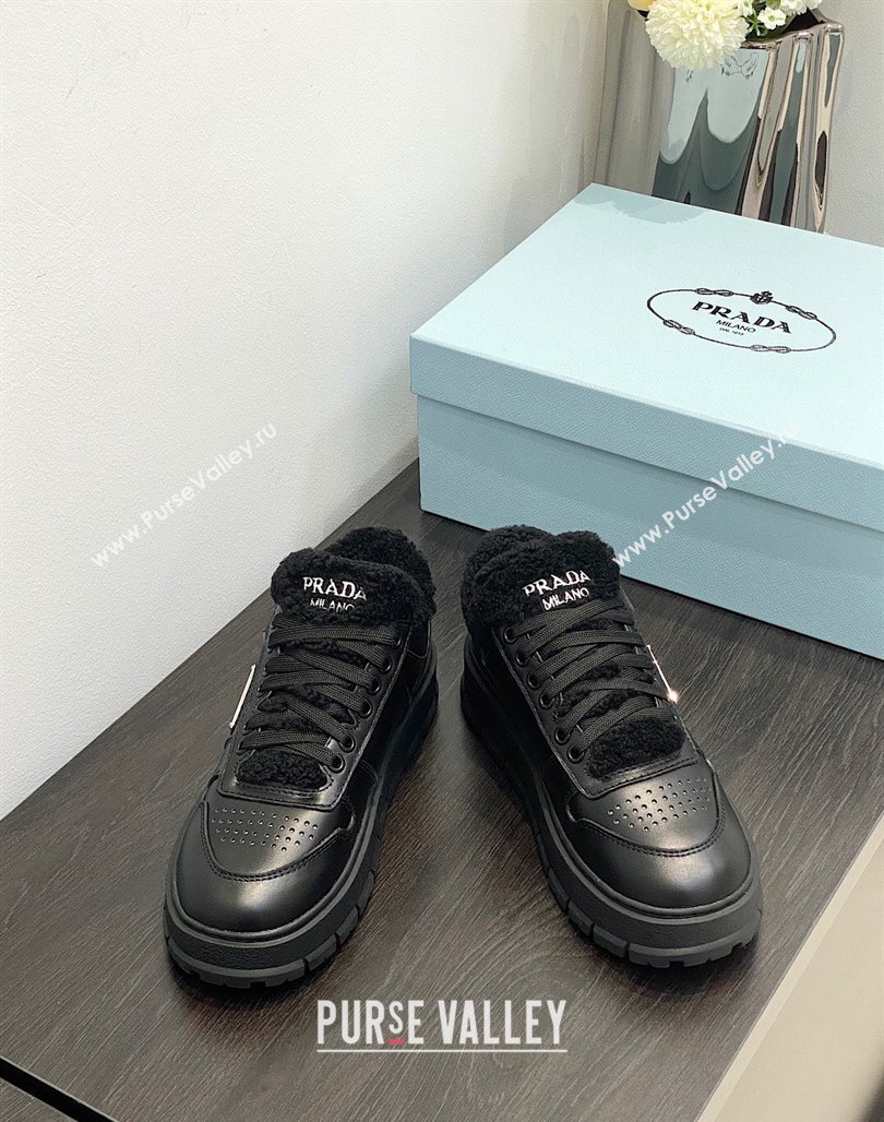 Prada Leather and Shearling Sneakers Black 2023 1E947M (MD-231106008)