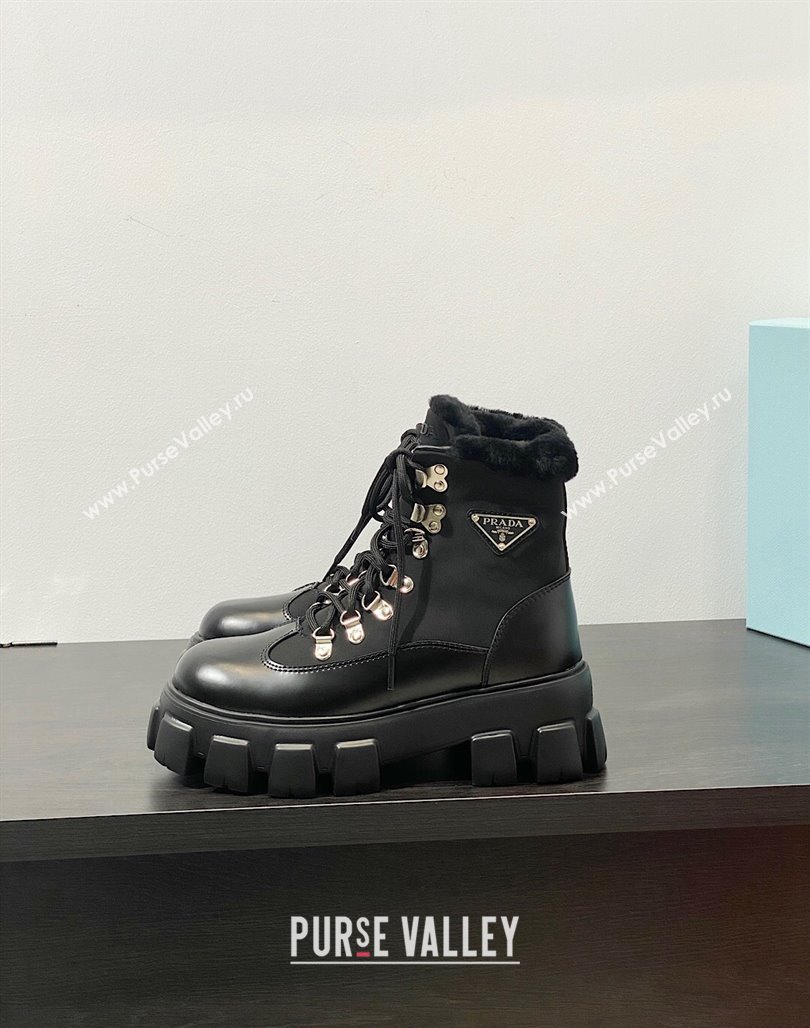 Prada Monolith leather and nylon Lace-up Ankle Boots Black 2023 1T260N (MD-231106012)