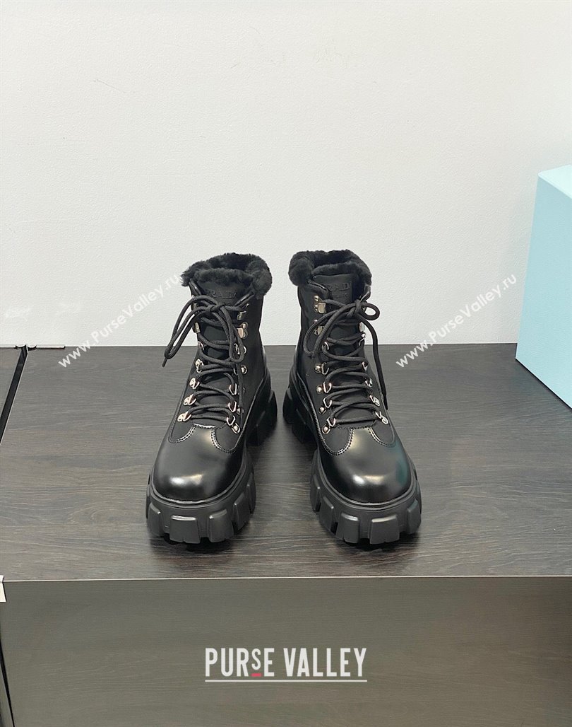 Prada Monolith leather and nylon Lace-up Ankle Boots Black 2023 1T260N (MD-231106012)