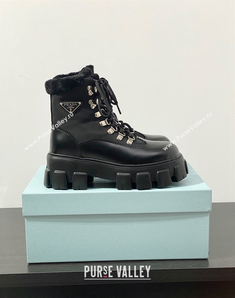 Prada Monolith leather and nylon Lace-up Ankle Boots Black 2023 1T260N (MD-231106012)