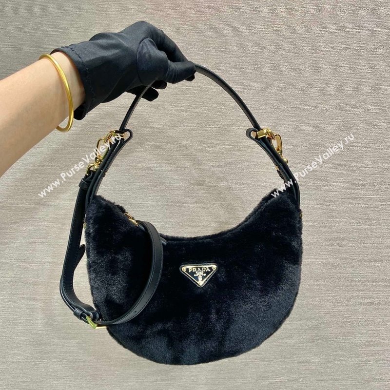 Prada Arque shearling and leather shoulder bag black 2023 1BC194 (YZ-231115064)