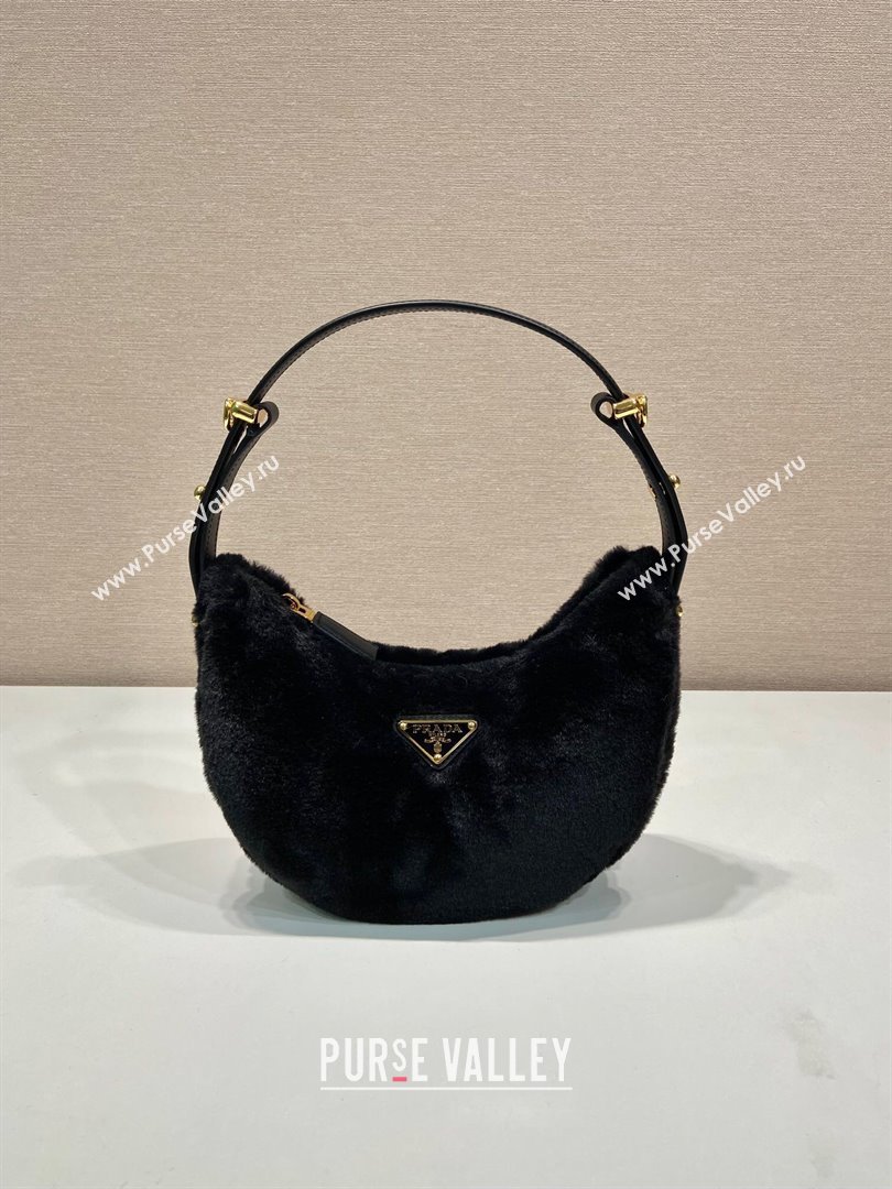 Prada Arque shearling and leather shoulder bag black 2023 1BC194 (YZ-231115064)