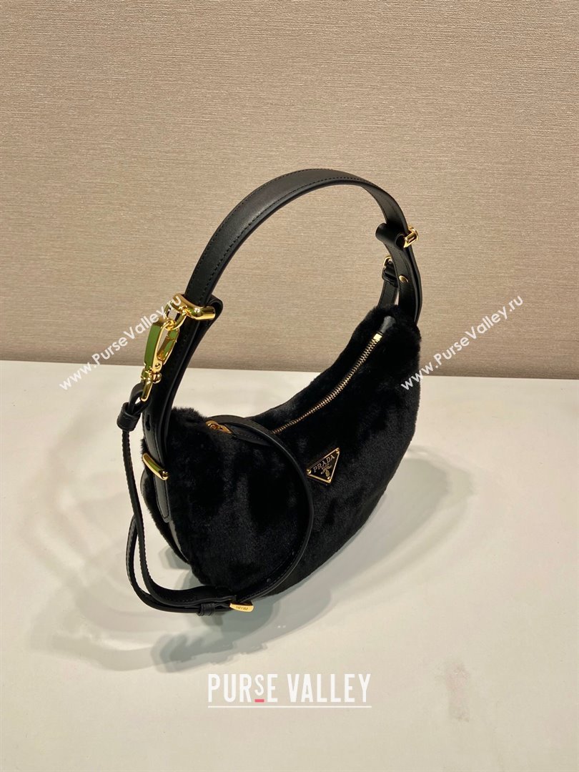 Prada Arque shearling and leather shoulder bag black 2023 1BC194 (YZ-231115064)