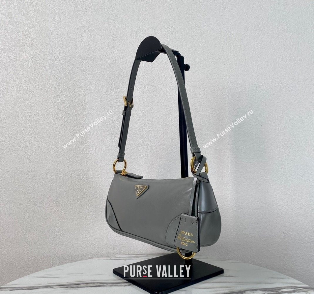 Prada Re-Edition 2002 small shiny leather shoulder bag 1BC201 Grey 2024 (YZ-240220019)