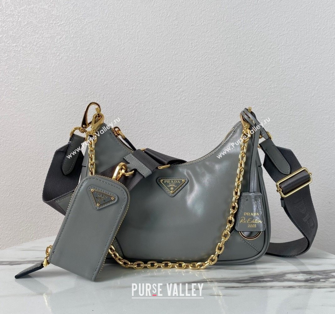 Prada Re-Edition 2005 Siny Leather Hobo Bag 1BC204 Grey 2024 (YZ-240220015)