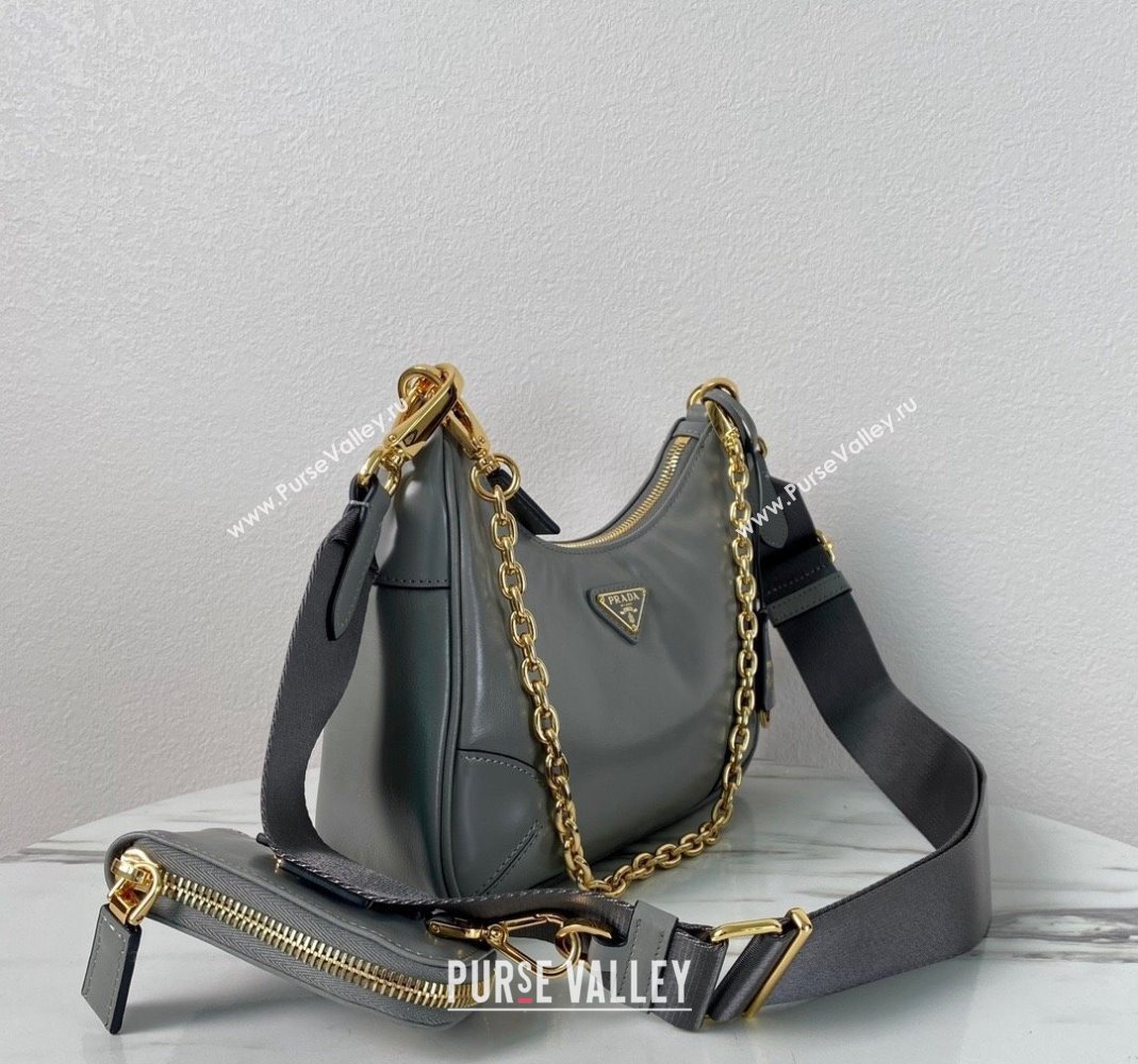 Prada Re-Edition 2005 Siny Leather Hobo Bag 1BC204 Grey 2024 (YZ-240220015)